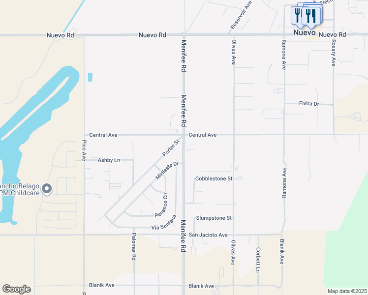 map of restaurants, bars, coffee shops, grocery stores, and more near Menifee Road in Nuevo