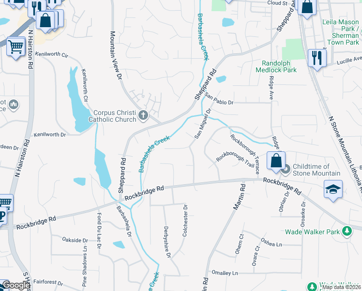 map of restaurants, bars, coffee shops, grocery stores, and more near 407 Miguel Court in Stone Mountain