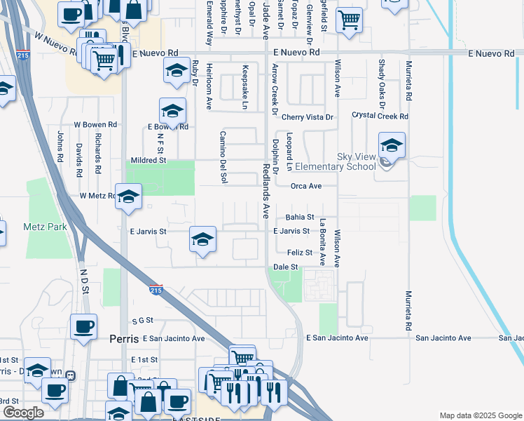 map of restaurants, bars, coffee shops, grocery stores, and more near 621 Corte San Pablo in Perris