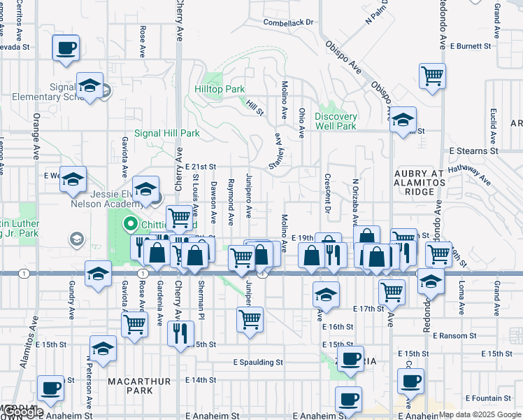 map of restaurants, bars, coffee shops, grocery stores, and more near 1975 Stanley Avenue in Signal Hill