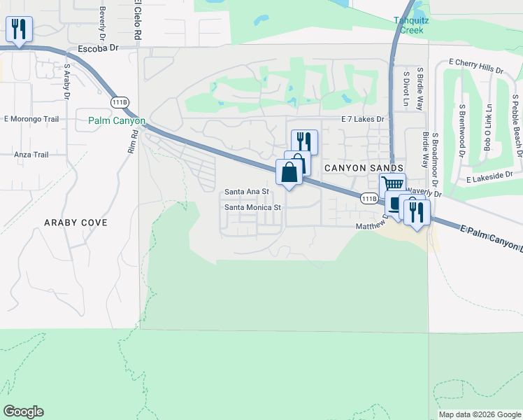 map of restaurants, bars, coffee shops, grocery stores, and more near 171 Balboa Drive in Palm Springs