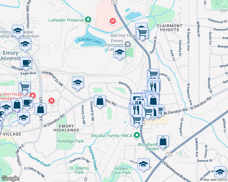 map of restaurants, bars, coffee shops, grocery stores, and more near 1912 Edinburgh Terrace Northeast in Atlanta
