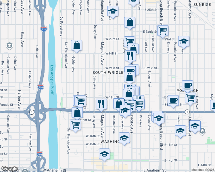 map of restaurants, bars, coffee shops, grocery stores, and more near 1974 Henderson Avenue in Long Beach
