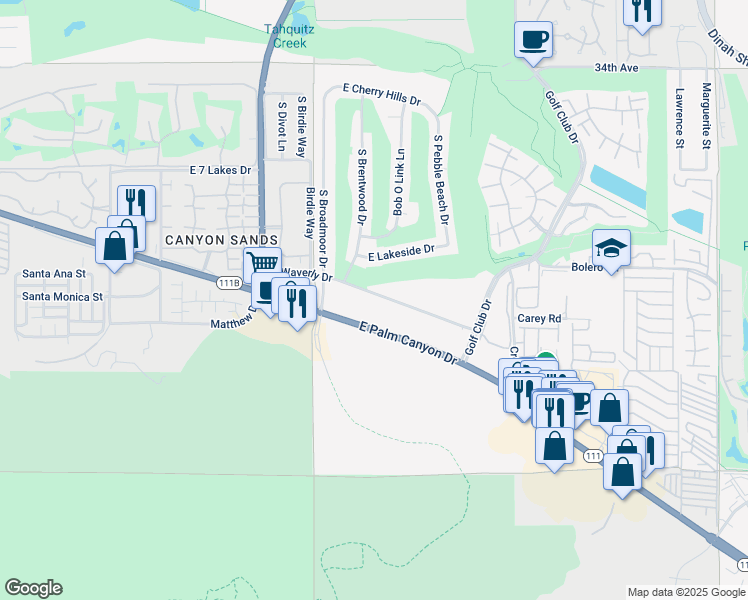 map of restaurants, bars, coffee shops, grocery stores, and more near 5205 East Waverly Drive in Palm Springs