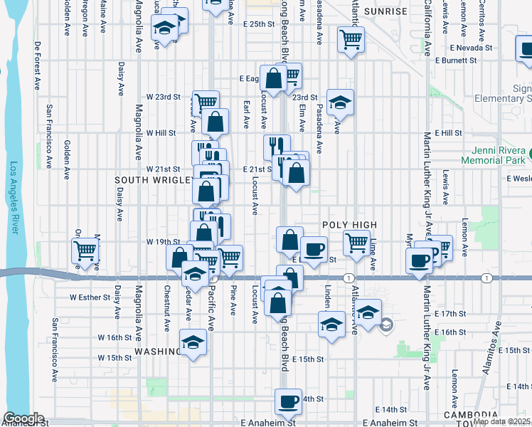 map of restaurants, bars, coffee shops, grocery stores, and more near 202 East 20th Street in Long Beach