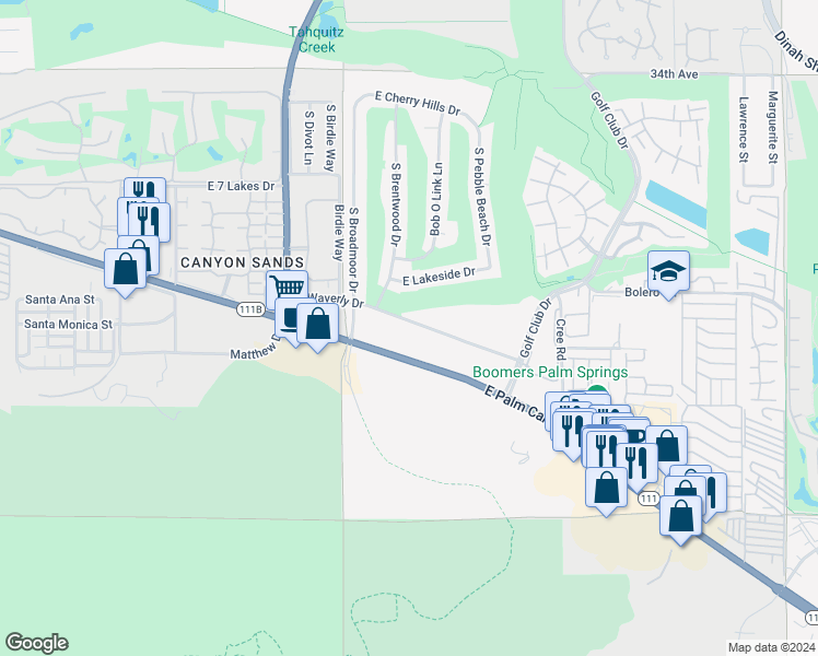 map of restaurants, bars, coffee shops, grocery stores, and more near 5205 East Waverly Drive in Palm Springs