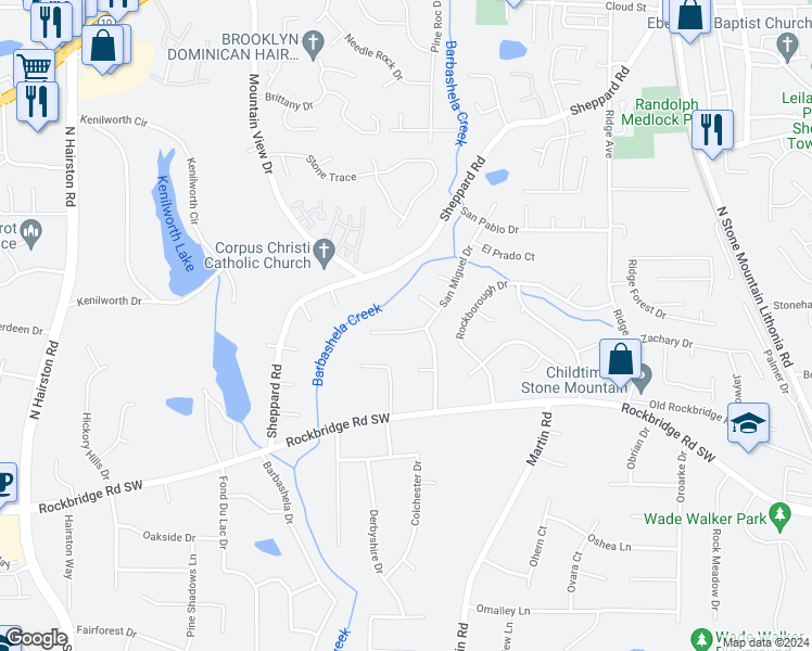 map of restaurants, bars, coffee shops, grocery stores, and more near 802 San Miguel Drive in Stone Mountain
