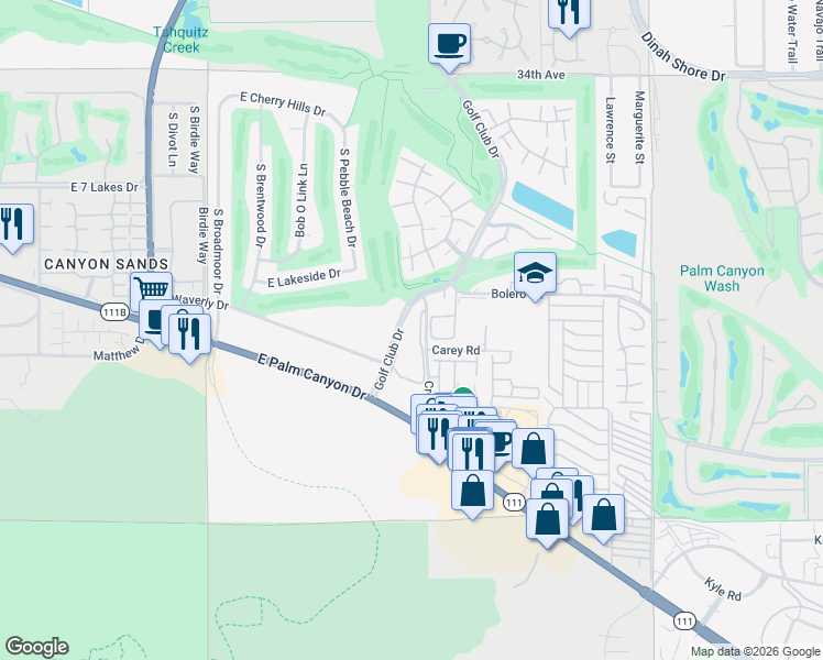map of restaurants, bars, coffee shops, grocery stores, and more near 2601 Golf Club Drive in Palm Springs