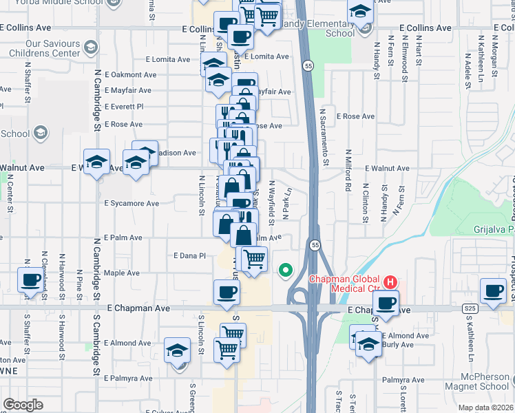 map of restaurants, bars, coffee shops, grocery stores, and more near 423 North Oak Street in Orange