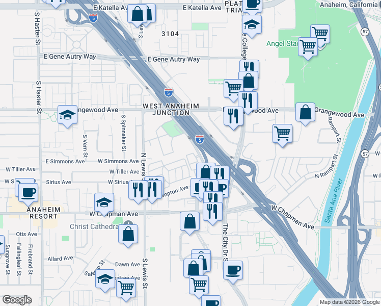 map of restaurants, bars, coffee shops, grocery stores, and more near 2323 South Manchester Avenue in Anaheim