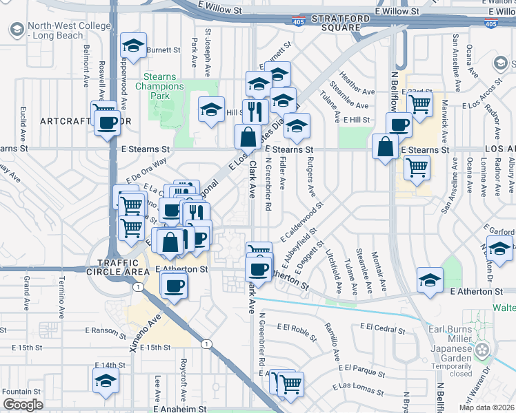 map of restaurants, bars, coffee shops, grocery stores, and more near 2046 Clark Avenue in Long Beach