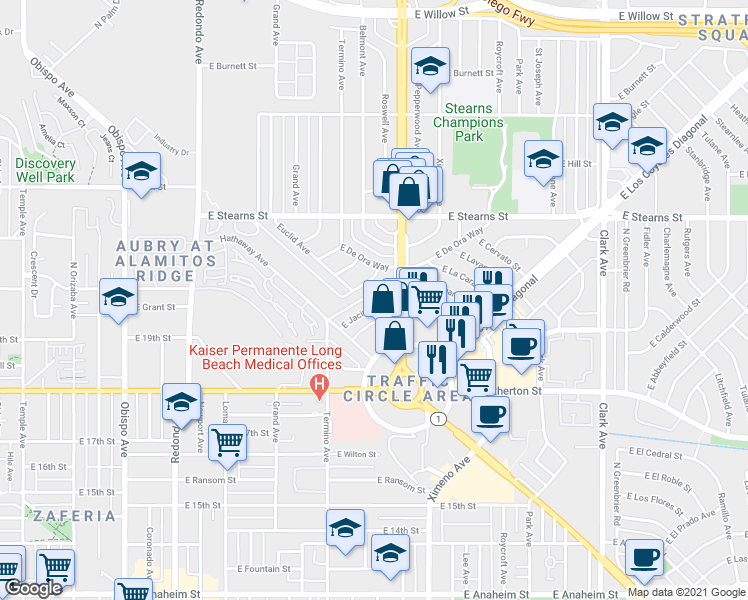 map of restaurants, bars, coffee shops, grocery stores, and more near 4080 East La Cara Street in Long Beach