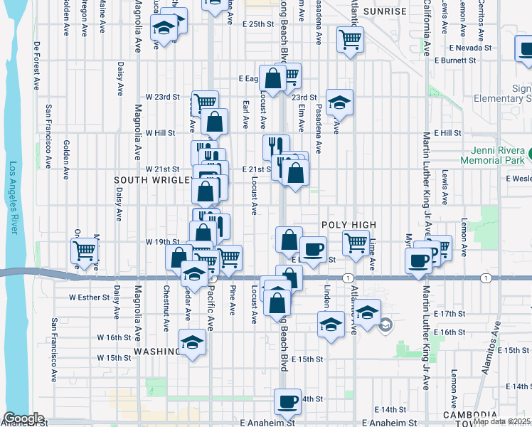 map of restaurants, bars, coffee shops, grocery stores, and more near 202 East 20th Street in Long Beach