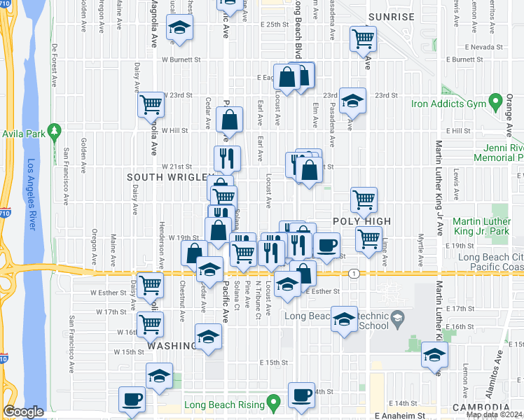 map of restaurants, bars, coffee shops, grocery stores, and more near 202 East 20th Street in Long Beach