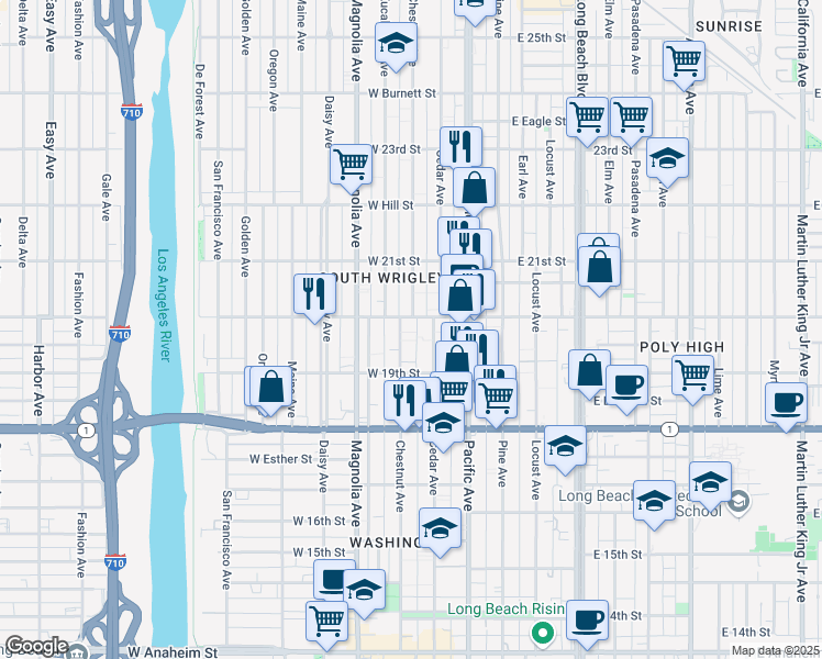 map of restaurants, bars, coffee shops, grocery stores, and more near 311 West 20th Street in Long Beach