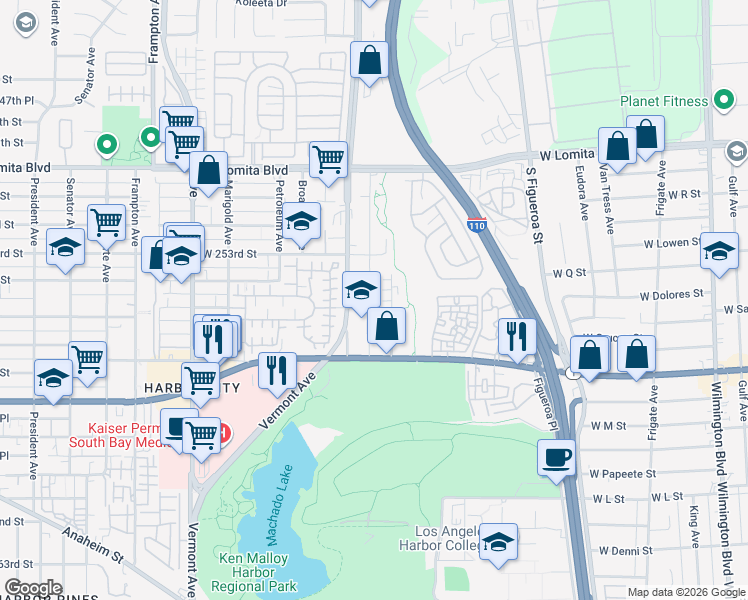 map of restaurants, bars, coffee shops, grocery stores, and more near 25343 McCoy Avenue in Los Angeles