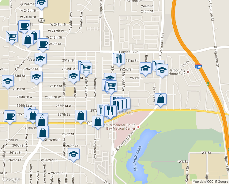 map of restaurants, bars, coffee shops, grocery stores, and more near 1140 254th Street in Los Angeles