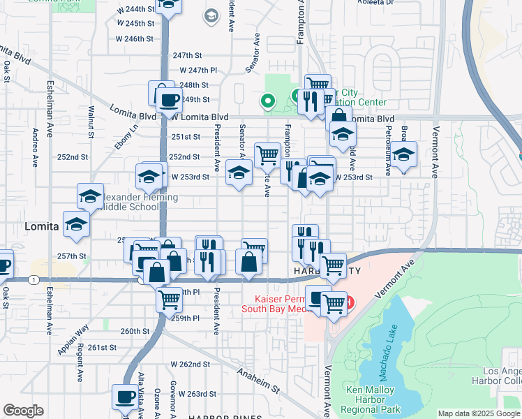 map of restaurants, bars, coffee shops, grocery stores, and more near 1422 254th Street in Los Angeles