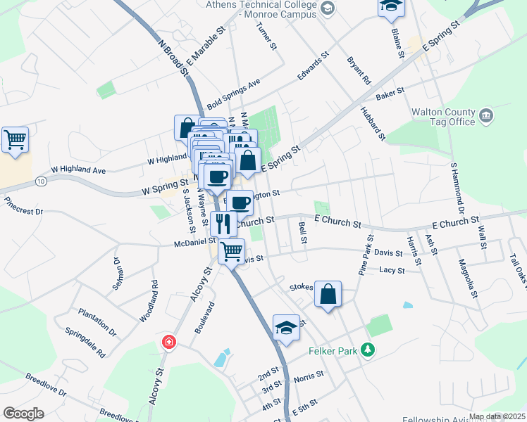 map of restaurants, bars, coffee shops, grocery stores, and more near 223 South Madison Avenue in Monroe