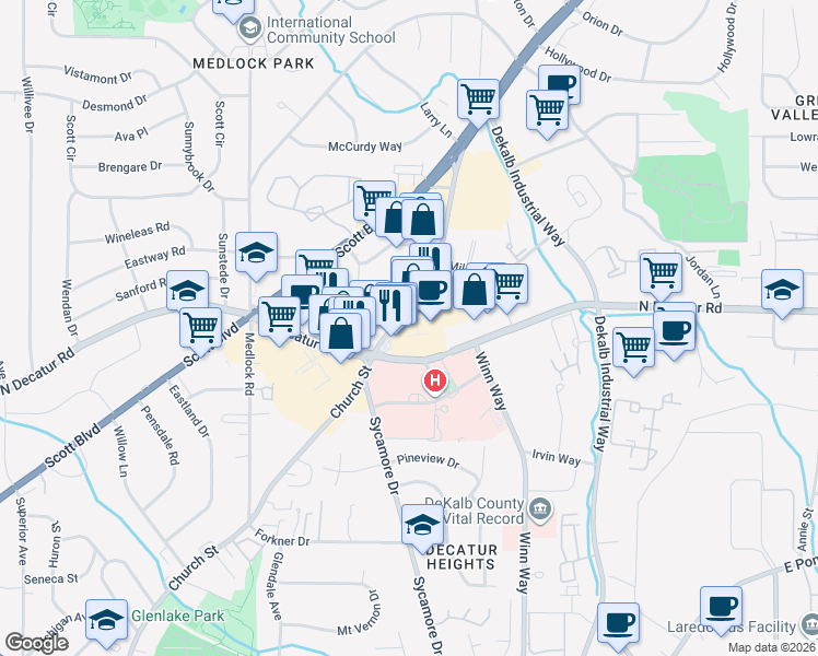 map of restaurants, bars, coffee shops, grocery stores, and more near 1591 Church Street in Decatur