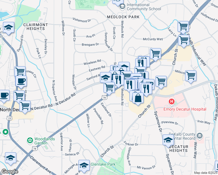 map of restaurants, bars, coffee shops, grocery stores, and more near 2453 North Decatur Road in Decatur