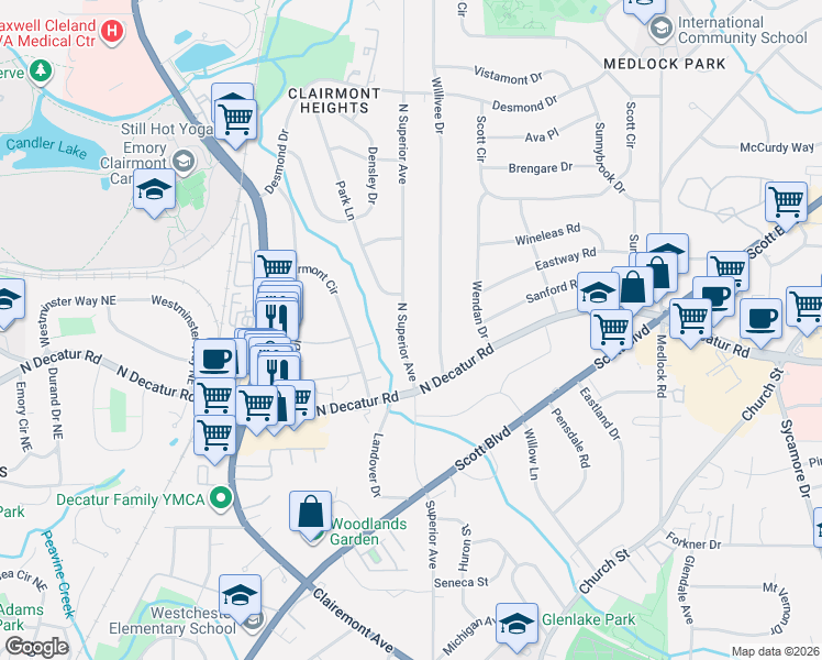 map of restaurants, bars, coffee shops, grocery stores, and more near 591 North Superior Avenue in Decatur