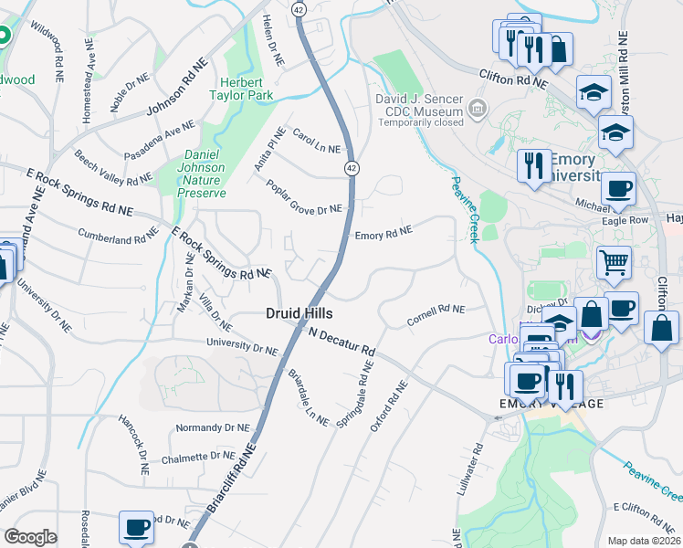 map of restaurants, bars, coffee shops, grocery stores, and more near 1433 Briarcliff Road Northeast in Atlanta
