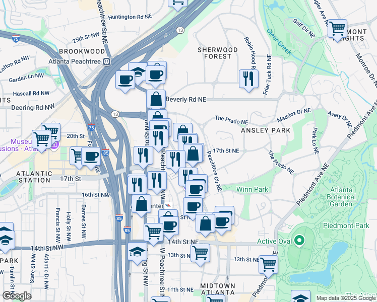 map of restaurants, bars, coffee shops, grocery stores, and more near 56 17th Street Northeast in Atlanta