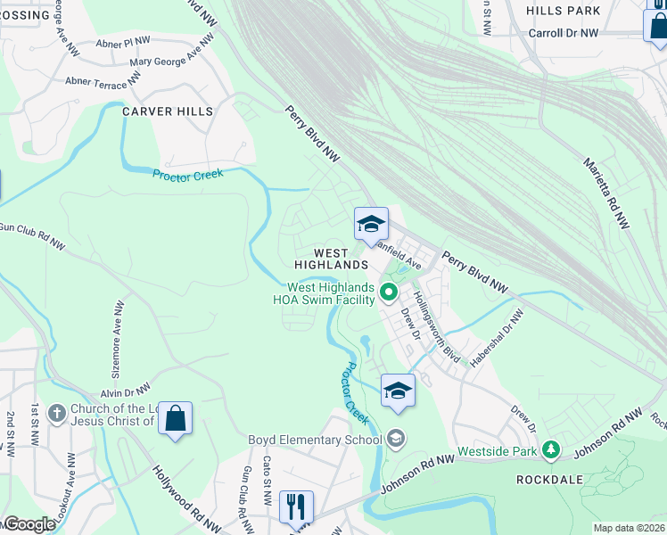 map of restaurants, bars, coffee shops, grocery stores, and more near 1954 Drew Drive in Atlanta