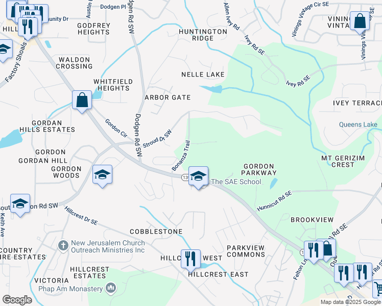 map of restaurants, bars, coffee shops, grocery stores, and more near 6595 Bonanza Trail in Mableton