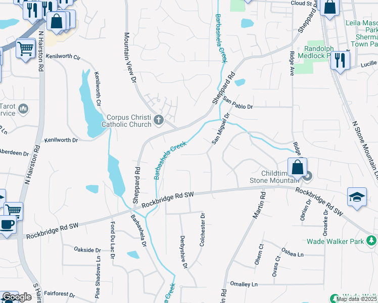 map of restaurants, bars, coffee shops, grocery stores, and more near 820 San Miguel Drive in Stone Mountain