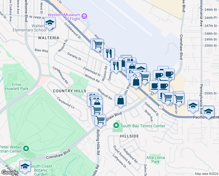 map of restaurants, bars, coffee shops, grocery stores, and more near 2913 Winlock Road in Torrance