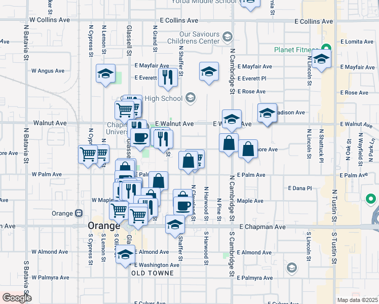 map of restaurants, bars, coffee shops, grocery stores, and more near 530 East Sycamore Avenue in Orange