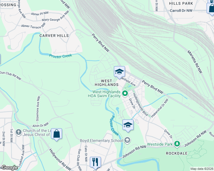 map of restaurants, bars, coffee shops, grocery stores, and more near 1954 Drew Drive in Atlanta