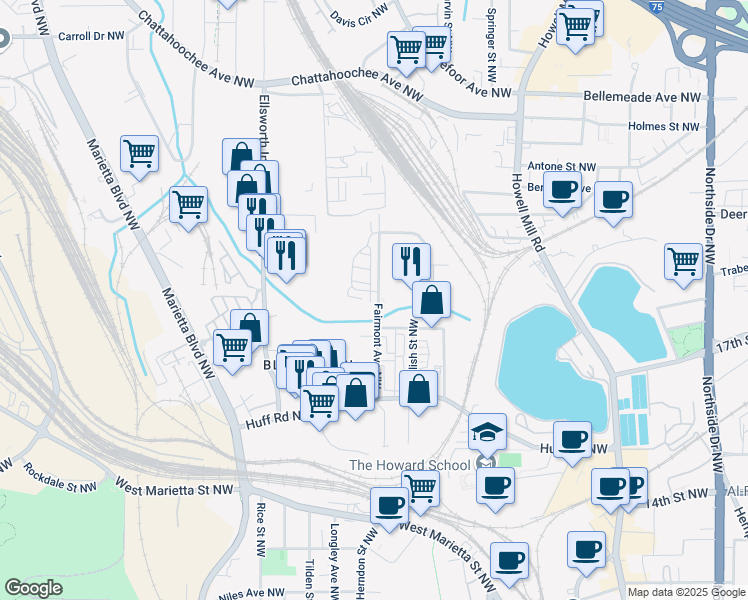 map of restaurants, bars, coffee shops, grocery stores, and more near 1434 Fairmont Avenue Northwest in Atlanta