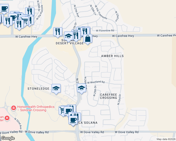 map of restaurants, bars, coffee shops, grocery stores, and more near 2566 West Woburn Lane in Phoenix