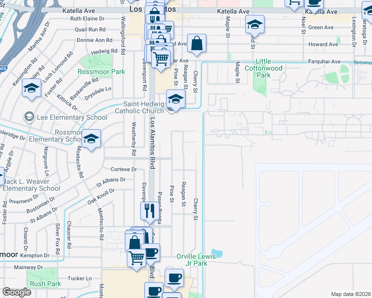 map of restaurants, bars, coffee shops, grocery stores, and more near 11661 Reagan Street in Los Alamitos