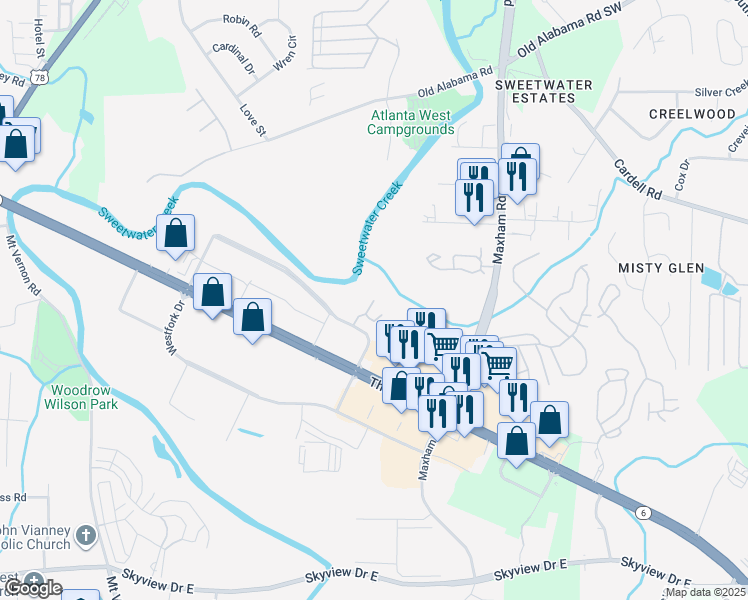 map of restaurants, bars, coffee shops, grocery stores, and more near 906 Westpark Place in Lithia Springs