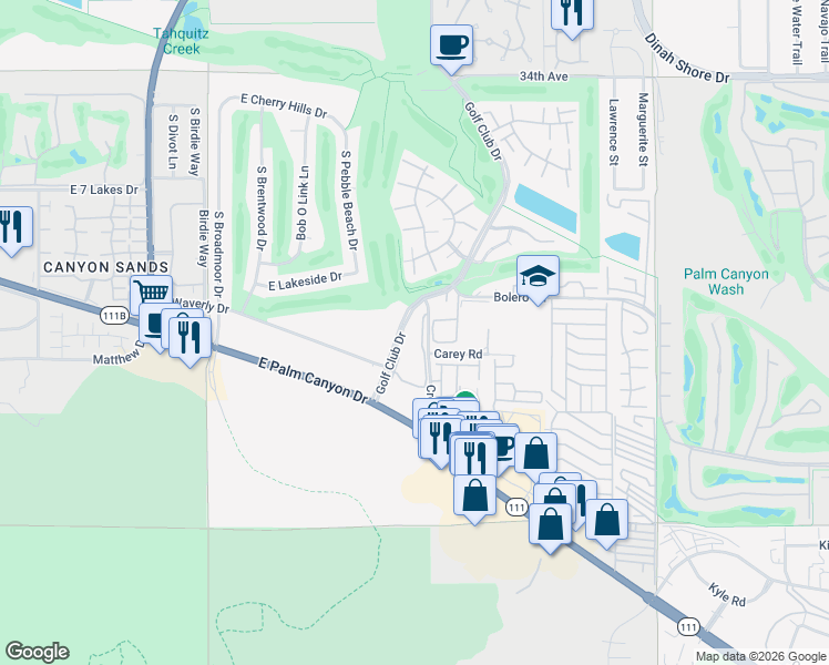 map of restaurants, bars, coffee shops, grocery stores, and more near 2601 Golf Club Drive in Palm Springs