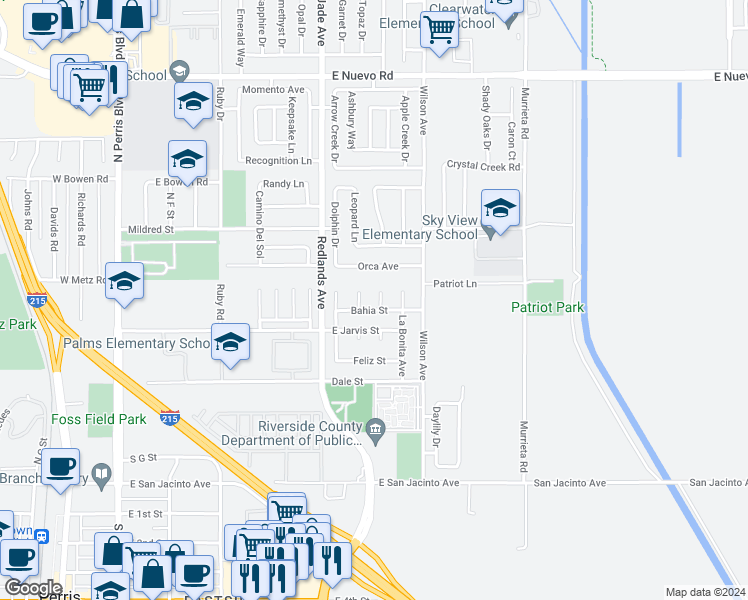 map of restaurants, bars, coffee shops, grocery stores, and more near 726 Manecita Circle in Perris