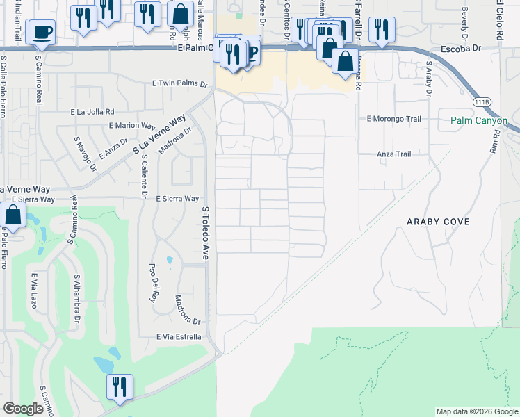 map of restaurants, bars, coffee shops, grocery stores, and more near Orocopia Road in Palm Springs