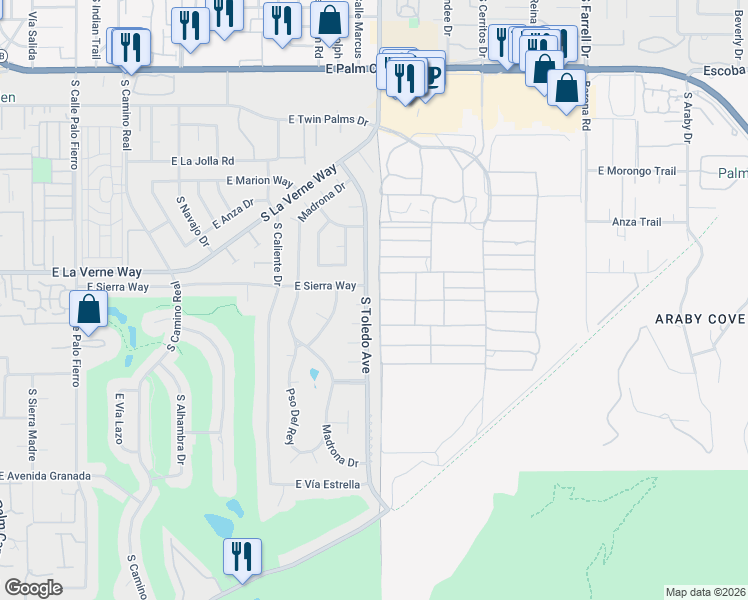 map of restaurants, bars, coffee shops, grocery stores, and more near 2142 South Toledo Avenue in Palm Springs