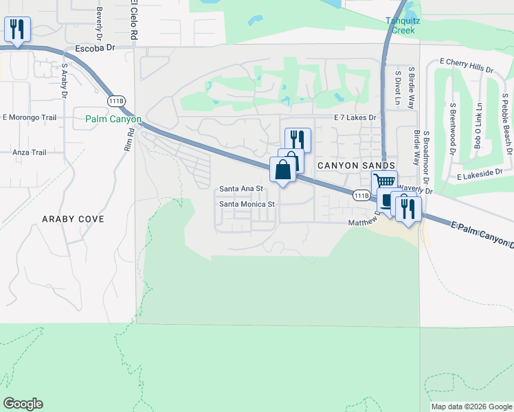 map of restaurants, bars, coffee shops, grocery stores, and more near 171 Balboa Drive in Palm Springs