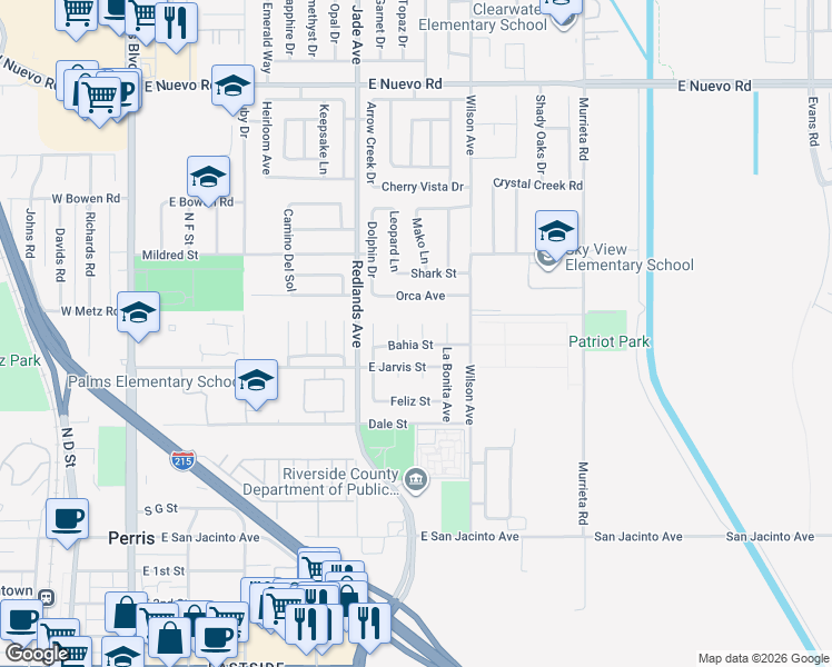 map of restaurants, bars, coffee shops, grocery stores, and more near 726 Manecita Circle in Perris