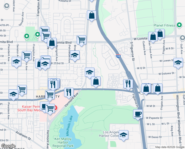 map of restaurants, bars, coffee shops, grocery stores, and more near 25343 McCoy Avenue in Los Angeles