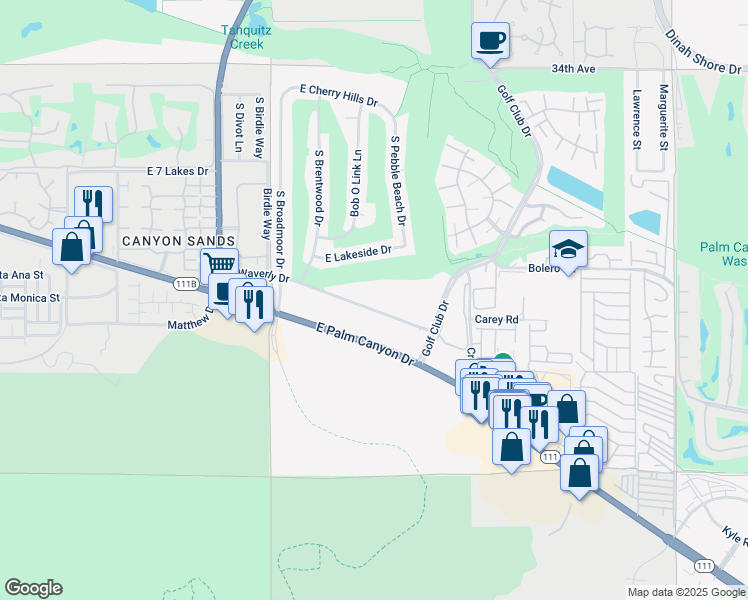map of restaurants, bars, coffee shops, grocery stores, and more near 5300 East Waverly Drive in Palm Springs