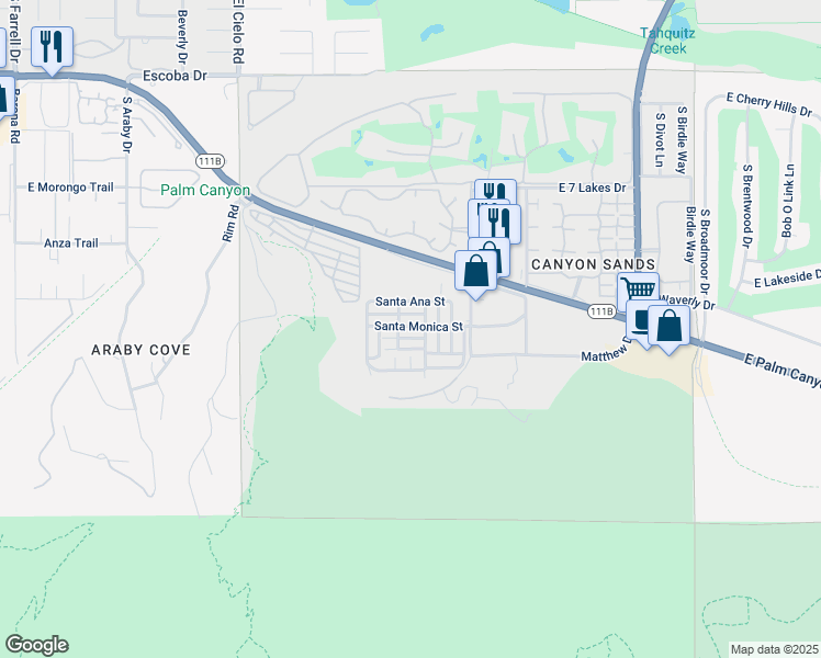 map of restaurants, bars, coffee shops, grocery stores, and more near 192 Malibu Drive in Palm Springs