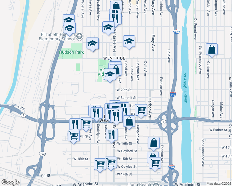 map of restaurants, bars, coffee shops, grocery stores, and more near 2001 Adriatic Avenue in Long Beach
