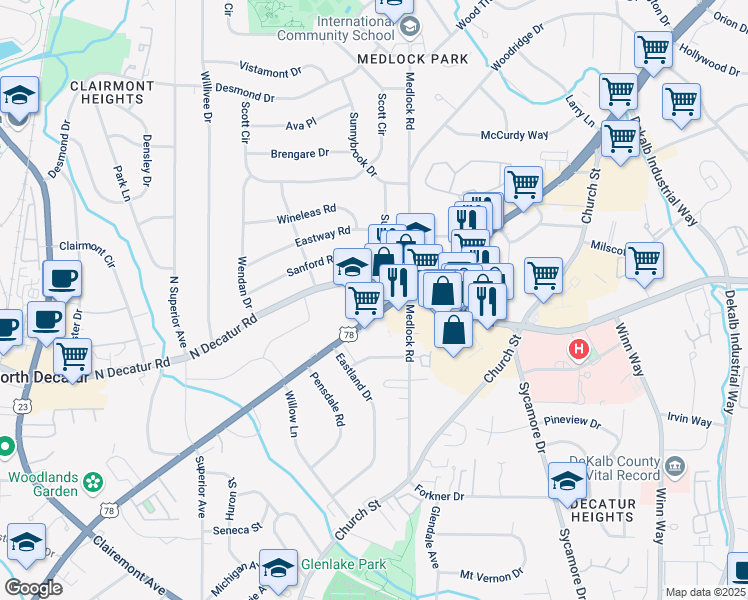map of restaurants, bars, coffee shops, grocery stores, and more near 2477 North Decatur Road in Decatur