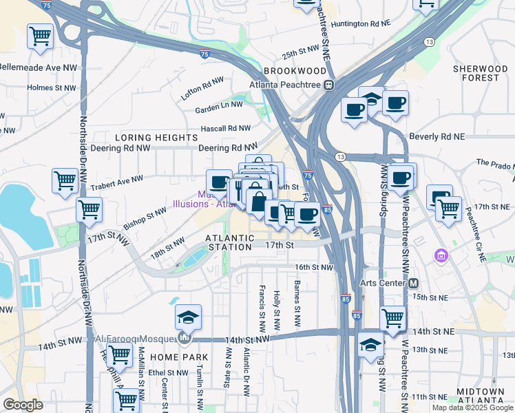 map of restaurants, bars, coffee shops, grocery stores, and more near 264 19th Street Northwest in Atlanta